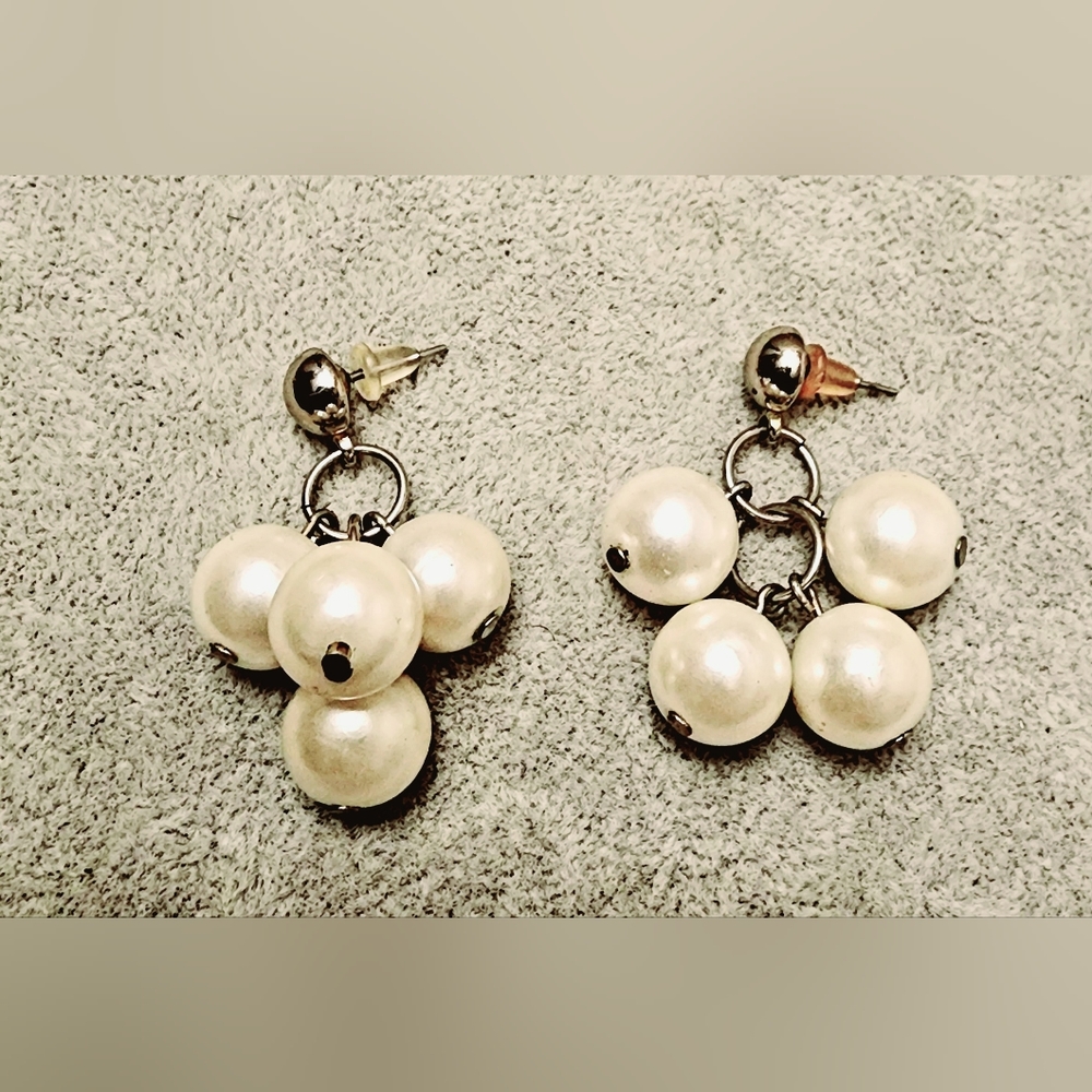 White faux pearl beaded bauble dangle post earrings